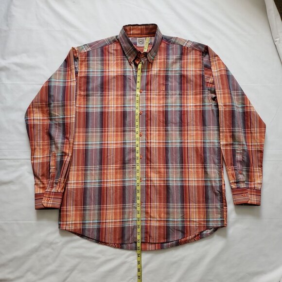 Cinch Men's Red Orange Plaid Long Sleeve Button Down Front Shirt Size Medium - Picture 11 of 11